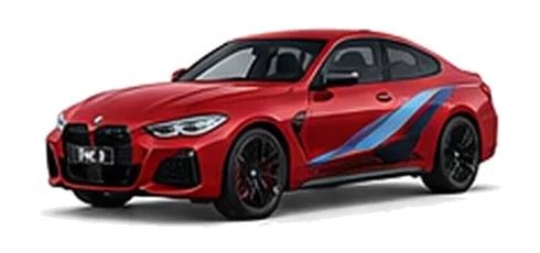 BMW 4 Series in Toronto Red with BMW M-inspired vinyl graphics, front three-quarter view on a white background.