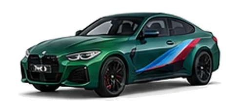 BMW 4 Series in Isle of Man Green with BMW M-inspired vinyl graphics, front three-quarter view on a white background.