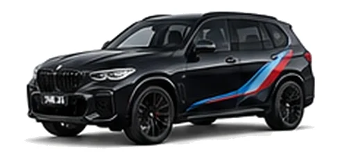 BMW X5 in Black Sapphire with BMW M-inspired vinyl graphics, front three-quarter view on a white background.