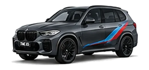 BMW X5 in Dravit Grey with BMW M-inspired vinyl graphics, front three-quarter view on a white background.