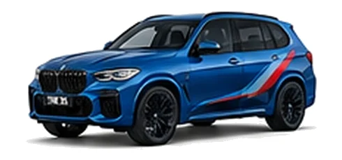 BMW X5 in Portimao Blue with BMW M-inspired vinyl graphics, front three-quarter view on a white background.