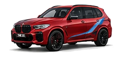BMW X5 in Toronto Red with BMW M-inspired vinyl graphics, front three-quarter view on a white background.