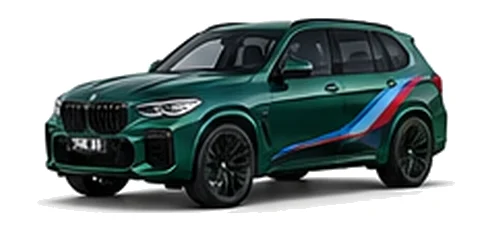 BMW X5 in Isle of Man Green with BMW M-inspired vinyl graphics, front three-quarter view on a white background.
