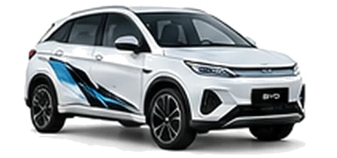 BYD Atto 3 in Ski White with modern electric vehicle vinyl graphics, front three-quarter view on a white background.