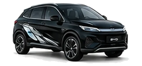 BYD Atto 3 in Cosmos Black with modern electric vehicle vinyl graphics, front three-quarter view on a white background.