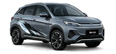 BYD Atto 3 in Harbour Grey with modern electric vehicle vinyl graphics, front three-quarter view on a white background.