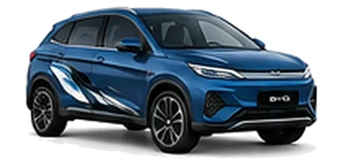 BYD Atto 3 in Indigo Blue with modern electric vehicle vinyl graphics, front three-quarter view on a white background.