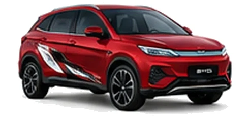 BYD Atto 3 in Emperor Red with modern electric vehicle vinyl graphics, front three-quarter view on a white background.