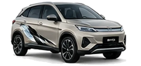 BYD Atto 3 in Silver Sand with modern electric vehicle vinyl graphics, front three-quarter view on a white background.