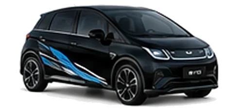 BYD Dolphin in Cosmos Black with modern electric vehicle vinyl graphics, front three-quarter view on a white background.