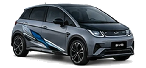 BYD Dolphin in Harbour Grey with modern electric vehicle vinyl graphics, front three-quarter view on a white background.