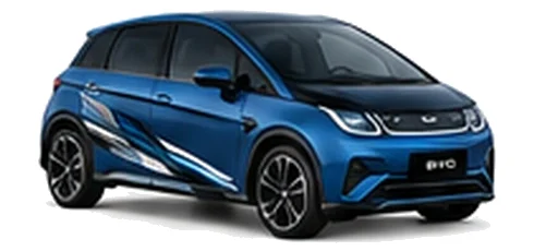 BYD Dolphin in Indigo Blue with modern electric vehicle vinyl graphics, front three-quarter view on a white background.