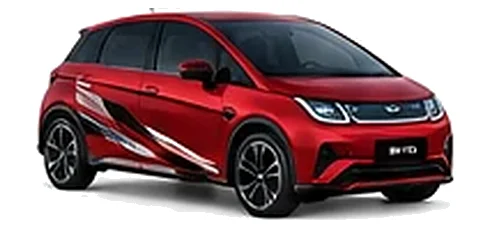 BYD Dolphin in Emperor Red with modern electric vehicle vinyl graphics, front three-quarter view on a white background.