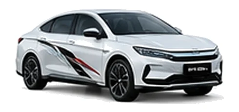 BYD Han in Ski White with modern electric vehicle vinyl graphics, front three-quarter view on a white background.