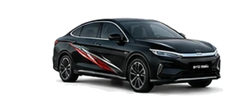 BYD Han in Cosmos Black with modern electric vehicle vinyl graphics, front three-quarter view on a white background.