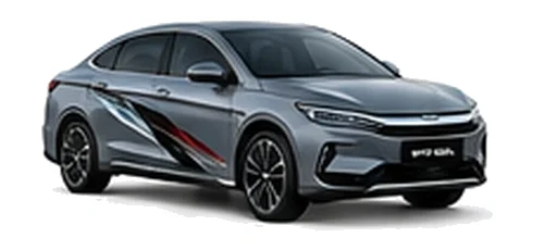 BYD Han in Harbour Grey with modern electric vehicle vinyl graphics, front three-quarter view on a white background.