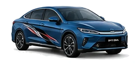 BYD Han in Indigo Blue with modern electric vehicle vinyl graphics, front three-quarter view on a white background.