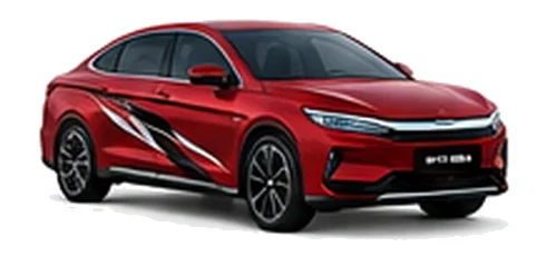 BYD Han in Emperor Red with modern electric vehicle vinyl graphics, front three-quarter view on a white background.