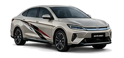 BYD Han in Silver Sand with modern electric vehicle vinyl graphics, front three-quarter view on a white background.