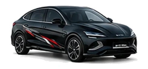 BYD Seal in Cosmos Black with modern electric vehicle vinyl graphics, front three-quarter view on a white background.