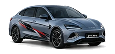 BYD Seal in Harbour Grey with modern electric vehicle vinyl graphics, front three-quarter view on a white background.