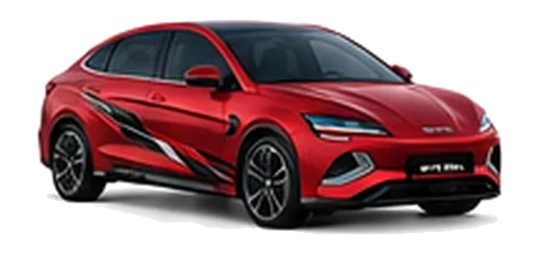 BYD Seal in Emperor Red with modern electric vehicle vinyl graphics, front three-quarter view on a white background.