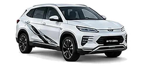 BYD Seal U in Ski White with modern electric vehicle vinyl graphics, front three-quarter view on a white background.