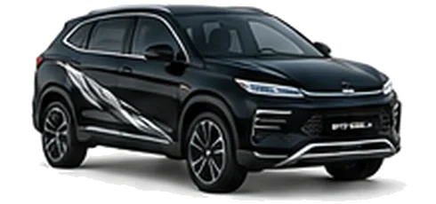 BYD Seal U in Cosmos Black with modern electric vehicle vinyl graphics, front three-quarter view on a white background.