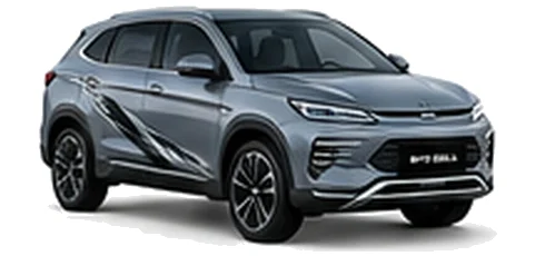 BYD Seal U in Harbour Grey with modern electric vehicle vinyl graphics, front three-quarter view on a white background.