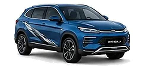 BYD Seal U in Indigo Blue with modern electric vehicle vinyl graphics, front three-quarter view on a white background.