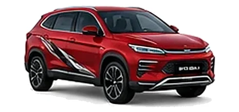 BYD Seal U in Emperor Red with modern electric vehicle vinyl graphics, front three-quarter view on a white background.