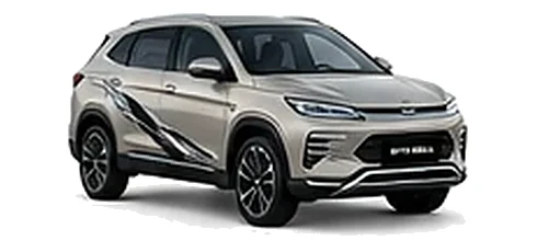 BYD Seal U in Silver Sand with modern electric vehicle vinyl graphics, front three-quarter view on a white background.