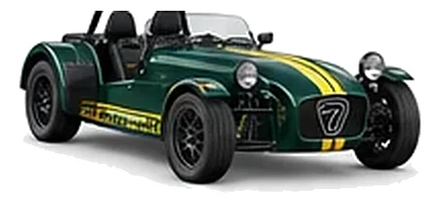 Caterham Seven 170 in Racing Green with lightweight racing vinyl graphics, front three-quarter view on a white background.