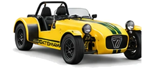 Caterham Seven 170 in Classic Yellow with lightweight racing vinyl graphics, front three-quarter view on a white background.