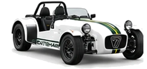 Caterham Seven 170 in Polar White with lightweight racing vinyl graphics, front three-quarter view on a white background.