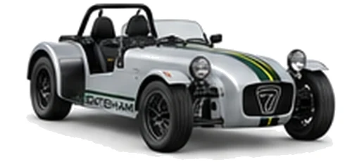Caterham Seven 170 in Storm Silver with lightweight racing vinyl graphics, front three-quarter view on a white background.