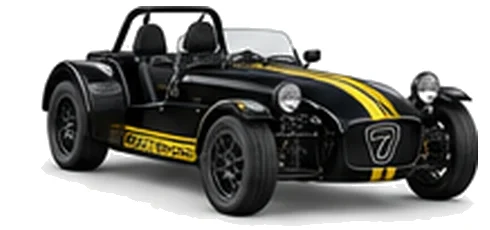 Caterham Seven 170 in Jet Black with lightweight racing vinyl graphics, front three-quarter view on a white background.