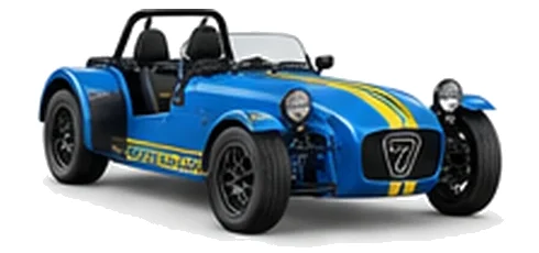 Caterham Seven 170 in Riviera Blue with lightweight racing vinyl graphics, front three-quarter view on a white background.