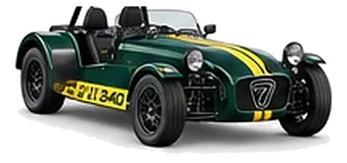 Caterham Seven 340 in Racing Green with lightweight racing vinyl graphics, front three-quarter view on a white background.