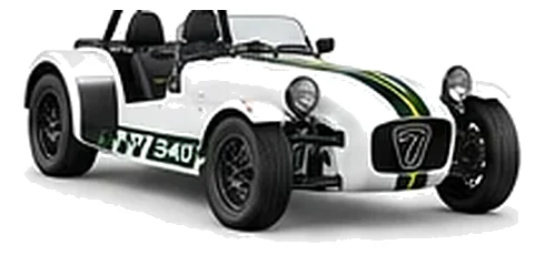 Caterham Seven 340 in Polar White with lightweight racing vinyl graphics, front three-quarter view on a white background.