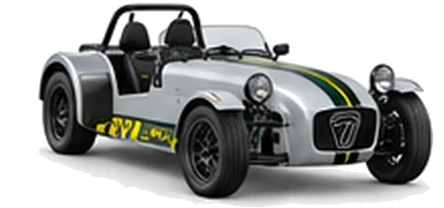 Caterham Seven 340 in Storm Silver with lightweight racing vinyl graphics, front three-quarter view on a white background.