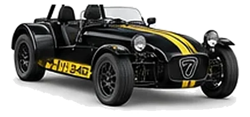 Caterham Seven 340 in Jet Black with lightweight racing vinyl graphics, front three-quarter view on a white background.