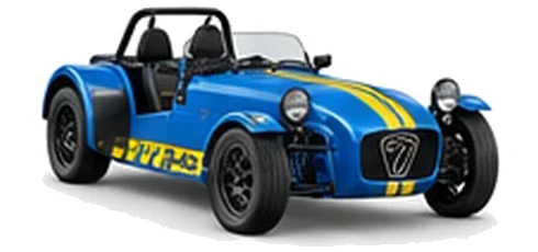 Caterham Seven 340 in Riviera Blue with lightweight racing vinyl graphics, front three-quarter view on a white background.