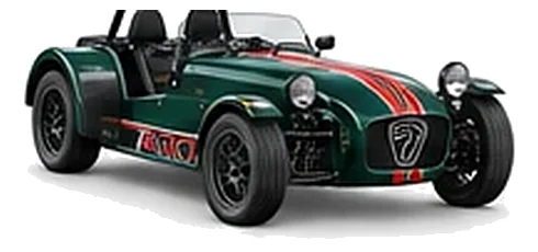 Caterham Seven 420 in Racing Green with lightweight racing vinyl graphics, front three-quarter view on a white background.