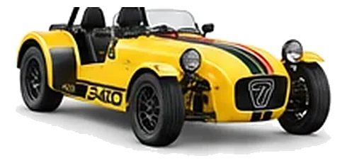 Caterham Seven 420 in Classic Yellow with lightweight racing vinyl graphics, front three-quarter view on a white background.