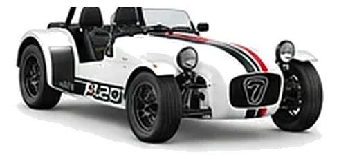 Caterham Seven 420 in Polar White with lightweight racing vinyl graphics, front three-quarter view on a white background.