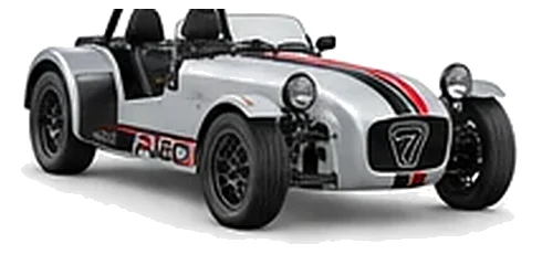 Caterham Seven 420 in Storm Silver with lightweight racing vinyl graphics, front three-quarter view on a white background.
