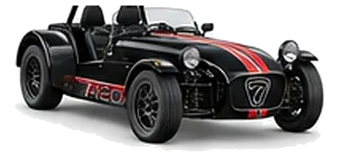 Caterham Seven 420 in Jet Black with lightweight racing vinyl graphics, front three-quarter view on a white background.