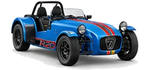 Caterham Seven 420 in Riviera Blue with lightweight racing vinyl graphics, front three-quarter view on a white background.