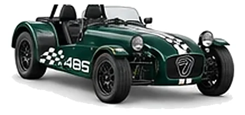 Caterham Seven 485 in Racing Green with lightweight racing vinyl graphics, front three-quarter view on a white background.
